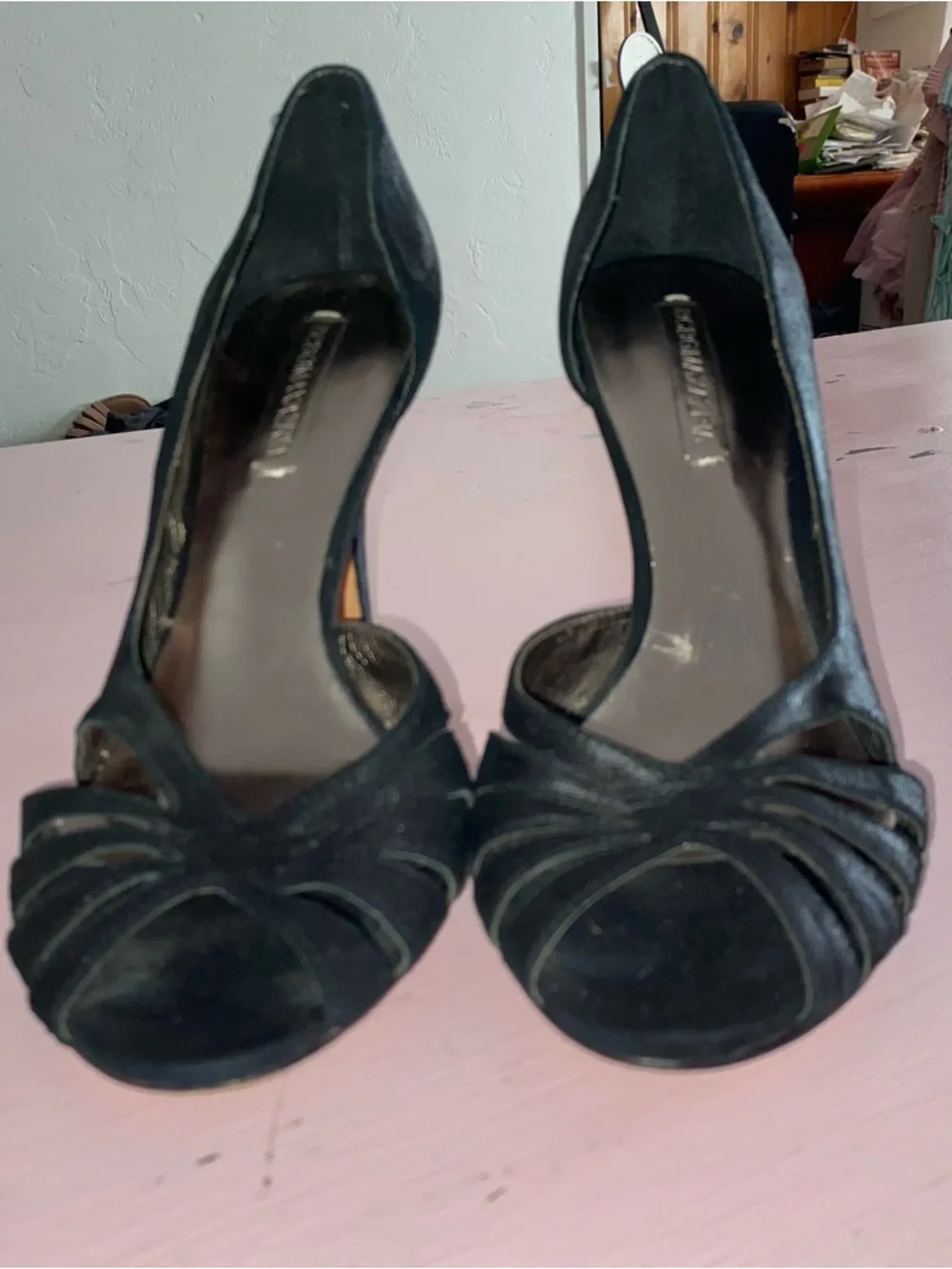 BCBGMAXAZRIA Leather Black Strappy Heeled Heels 38 7.5 D'Orsay peep-toe style